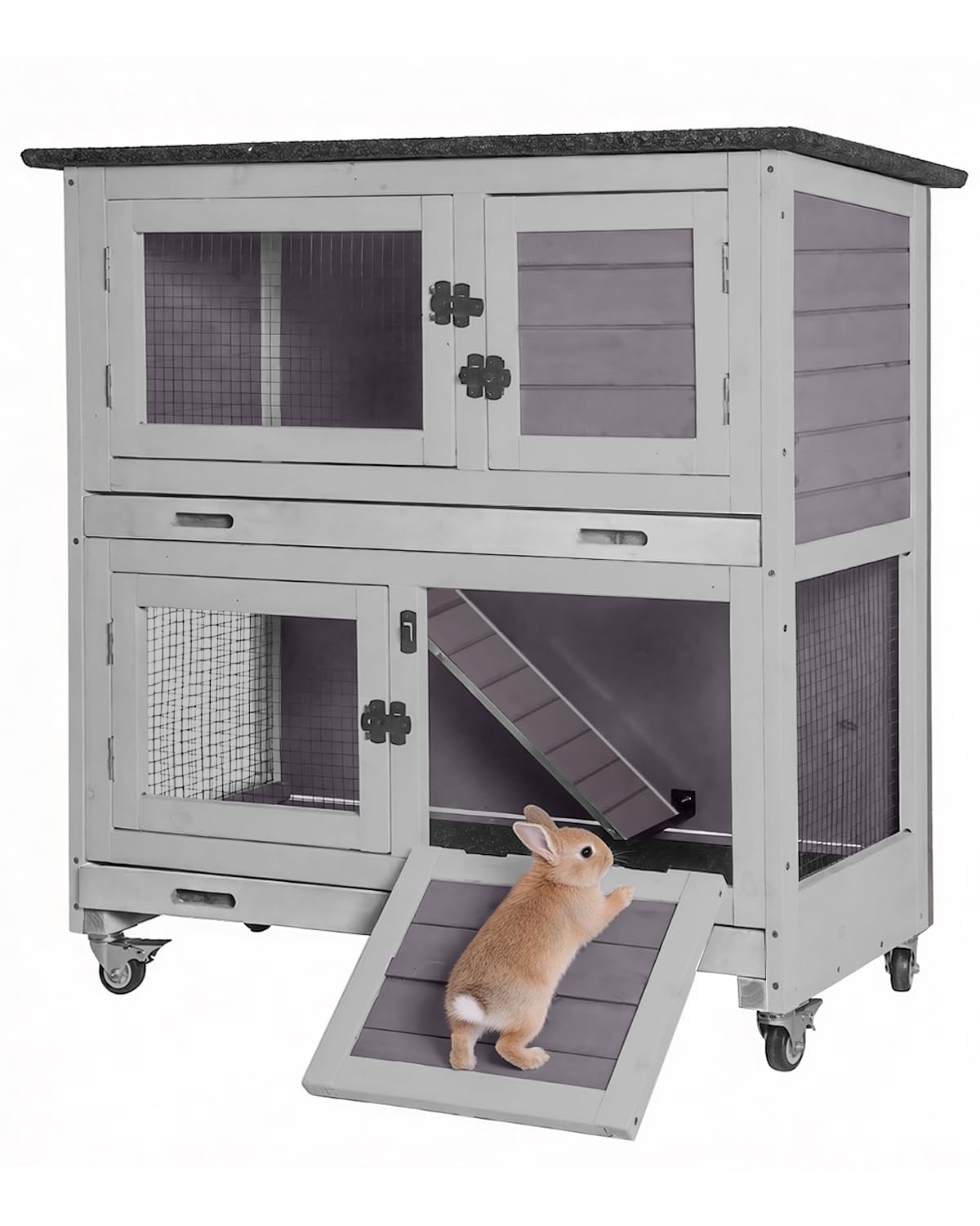 2-Story Wooden Rabbit Hutch with 4 Wheels and 2 Pull-Out Trays H324