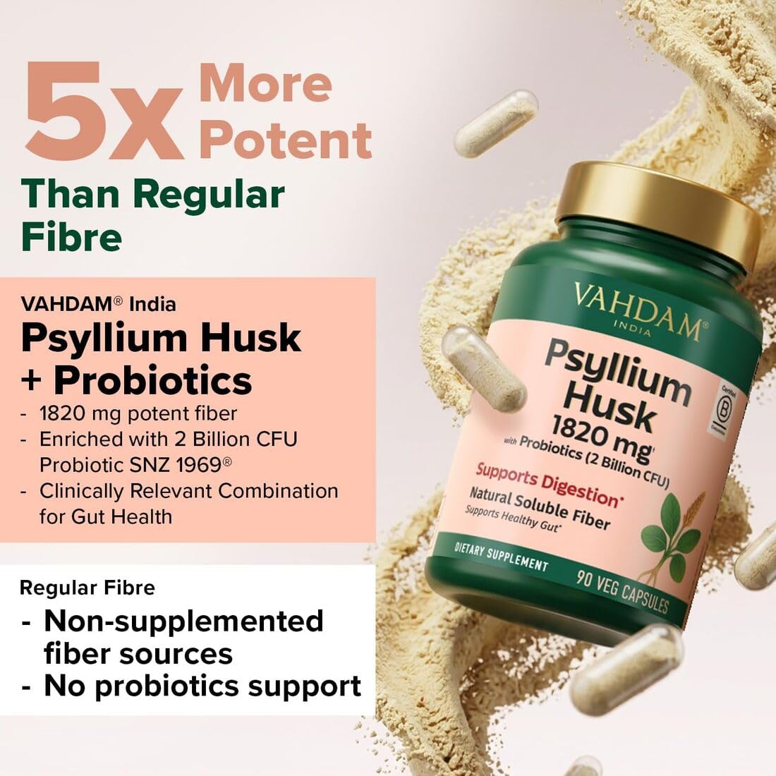 Psyllium Husk Capsules 1800 mg with Probiotics 90 Veggie Capsules Q52736