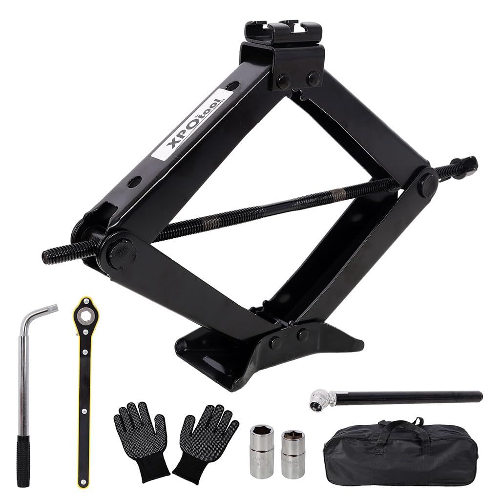 3 Ton Scissor Car Jack, 6614 LBS Heavy Duty Tire Changing Kit with Lug Wrench, Ratchet Wrench, Sockets, Work Gloves, Tire Pressure Gauge and Storage Bag H406