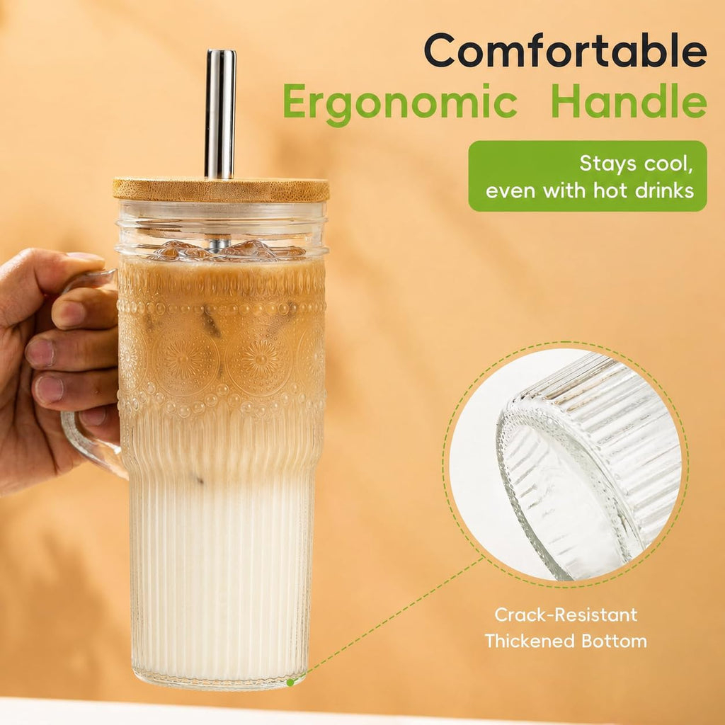 24 oz Glass Tumbler with Bamboo Lid and Handle T907362