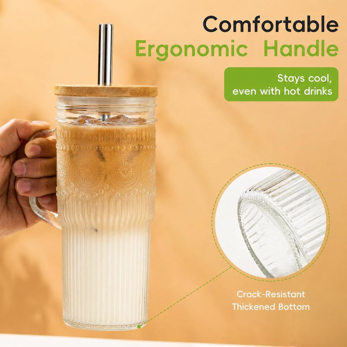 24 oz Glass Tumbler with Bamboo Lid and Handle T907362