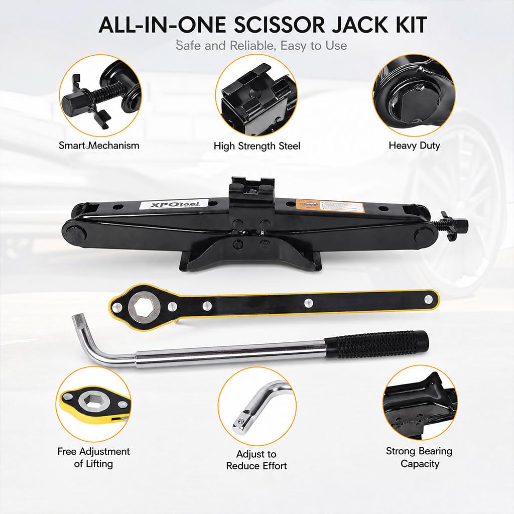3 Ton Scissor Car Jack, 6614 LBS Heavy Duty Tire Changing Kit with Lug Wrench, Ratchet Wrench, Sockets, Work Gloves, Tire Pressure Gauge and Storage Bag H406
