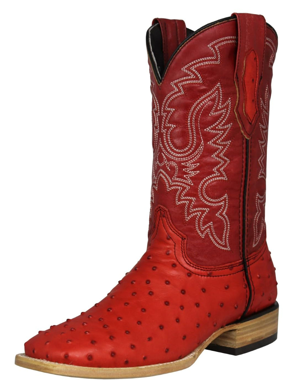 Red Ostrich Quill Print Leather Square Toe Western Cowboy Boots X644