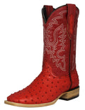 Red Ostrich Quill Print Leather Square Toe Western Cowboy Boots X644