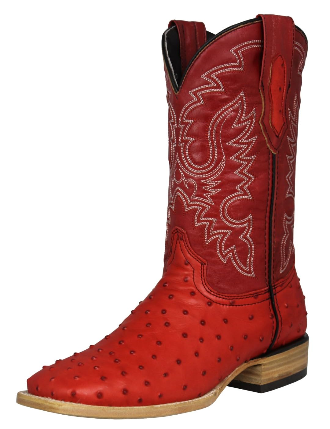 Red Ostrich Quill Print Leather Square Toe Western Cowboy Boots X644