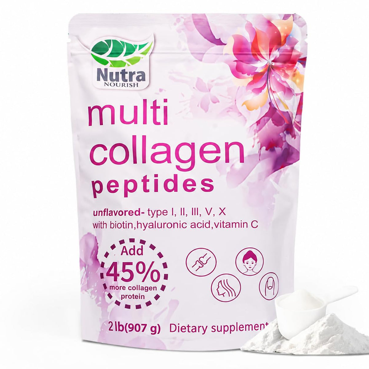 Multi Collagen Peptides Powder, 2LB Type I II III V X Unflavored A136938