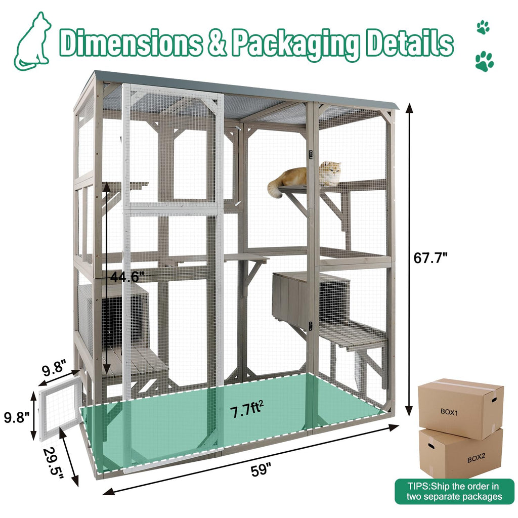 Large Wooden Outdoor Cat Catio Enclosure with 2 Doors, 2 Resting Rooms, 5 Platforms A33223