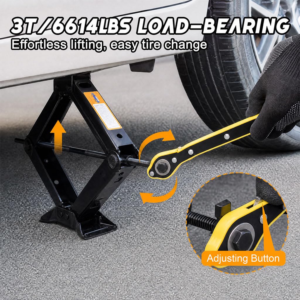 3 Ton Scissor Car Jack, 6614 LBS Heavy Duty Tire Changing Kit with Lug Wrench, Ratchet Wrench, Sockets, Work Gloves, Tire Pressure Gauge and Storage Bag H406