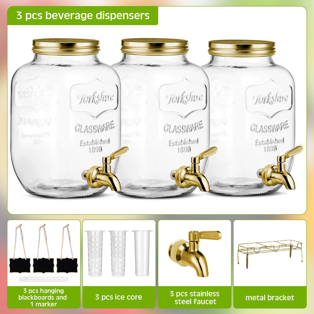 3 Pcs 2.5 Gallon Glass Beverage Dispensers with Stand A938
