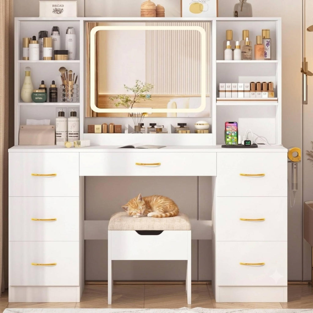White 47" Makeup Vanity Desk with LED Mirror, Stool & 7 Drawers B62934