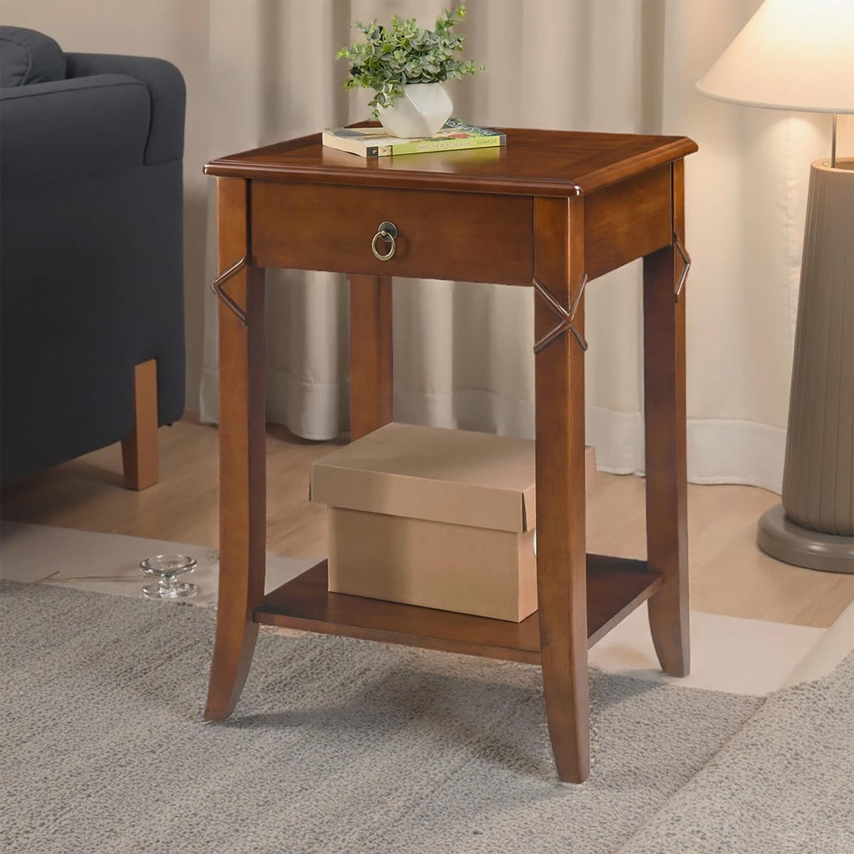 Small Solid Wood Side End Table with Drawer and Storage Shelf L138784