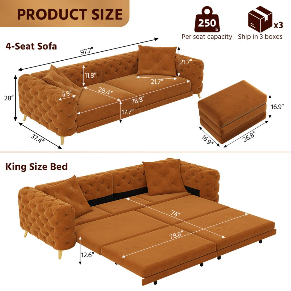 Orange Convertible Pull Out Sofa Bed Velvet Sleeper Sofa H6054