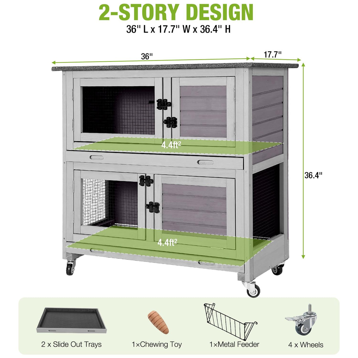 2-Story Wooden Rabbit Hutch with 4 Wheels and 2 Pull-Out Trays H324