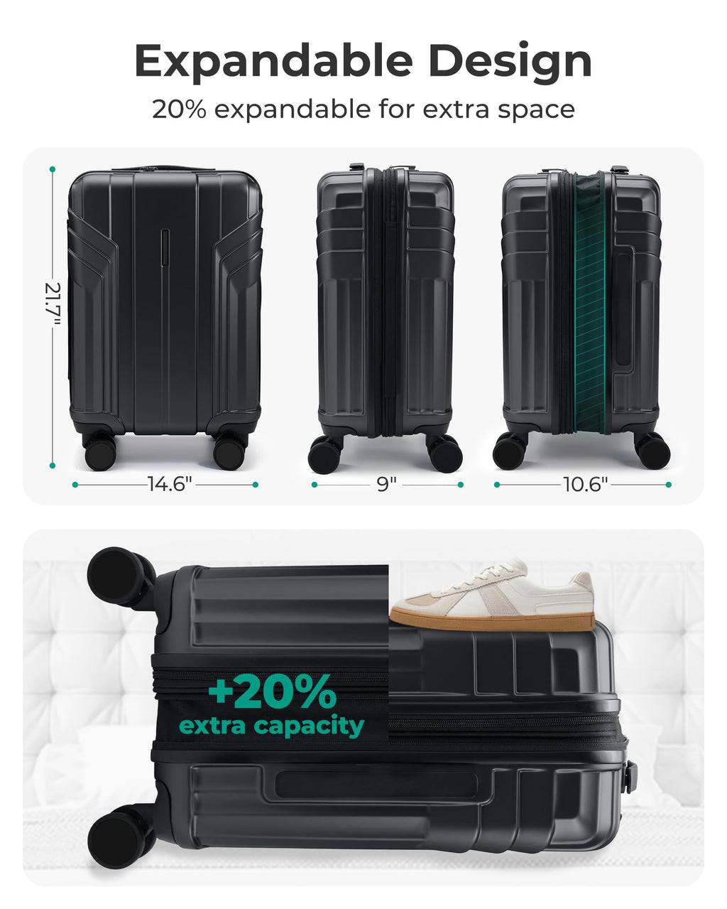 Expandable Carry On Luggage 22x14x9 Black H9970