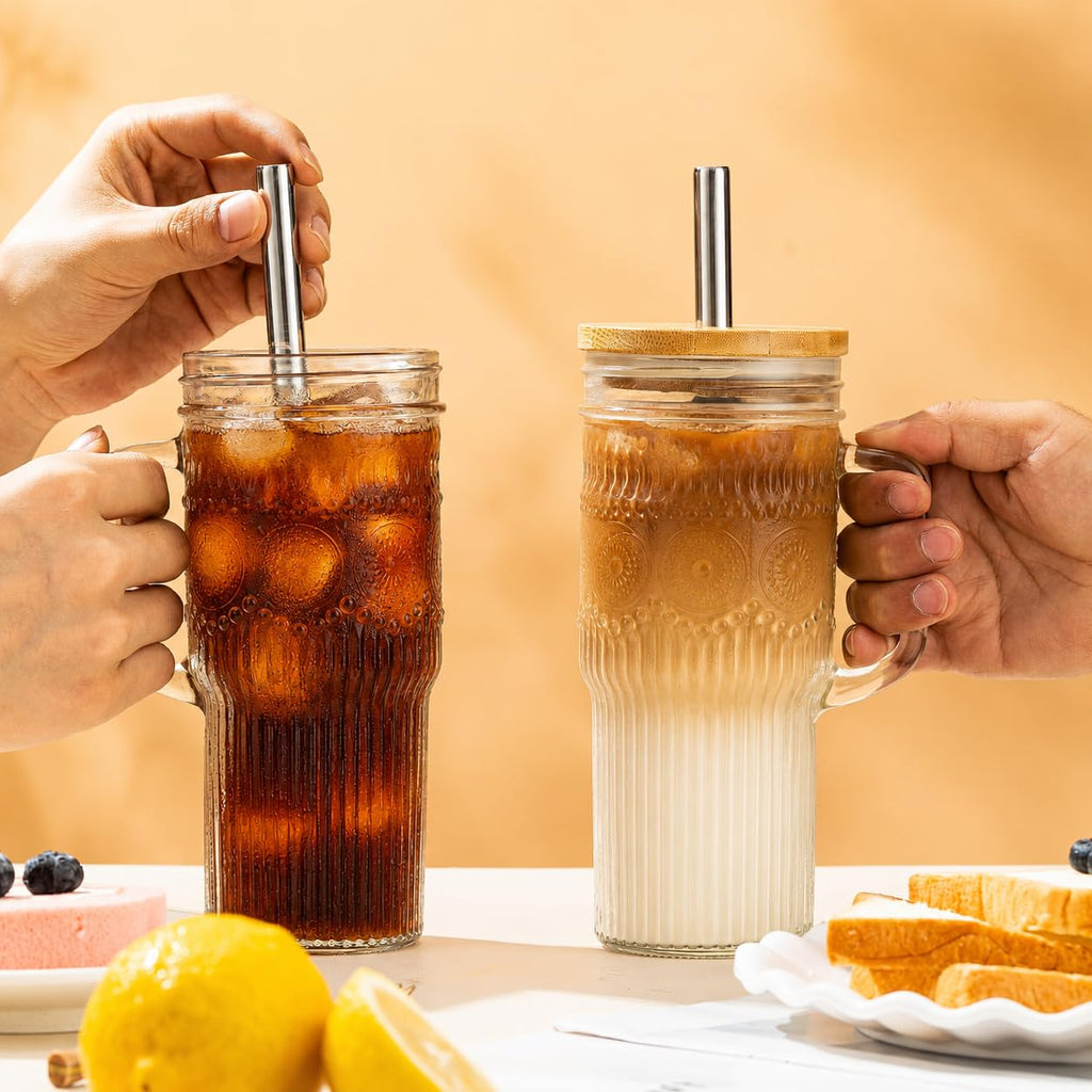 24 oz Glass Tumbler with Bamboo Lid and Handle T907362