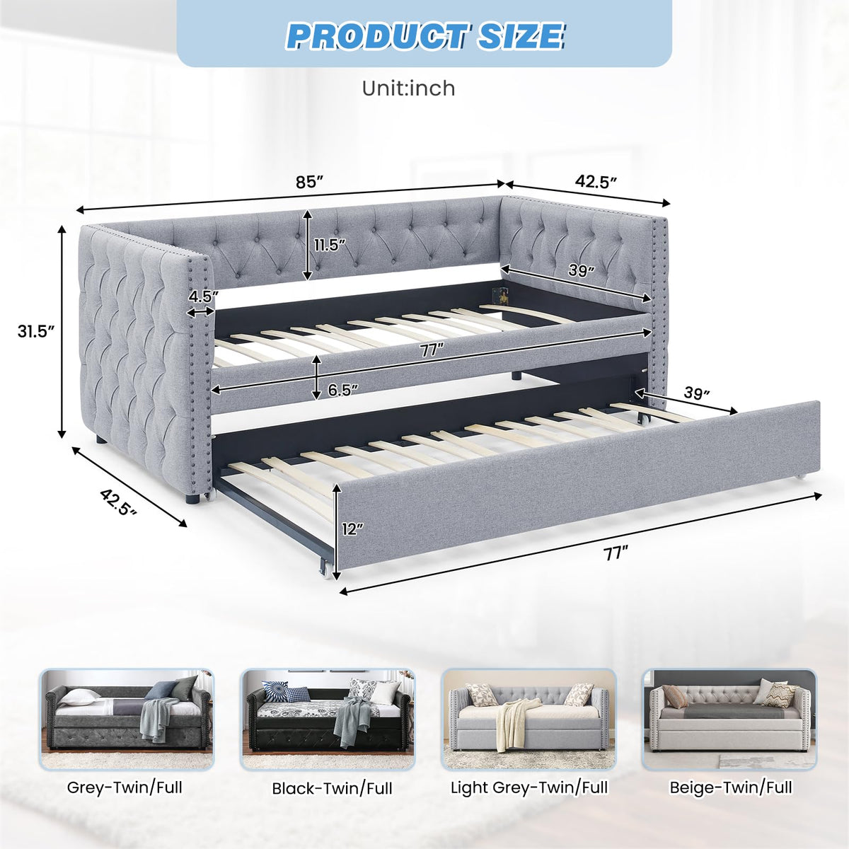 Linen Upholstered Twin Size Daybed with Trundle I321