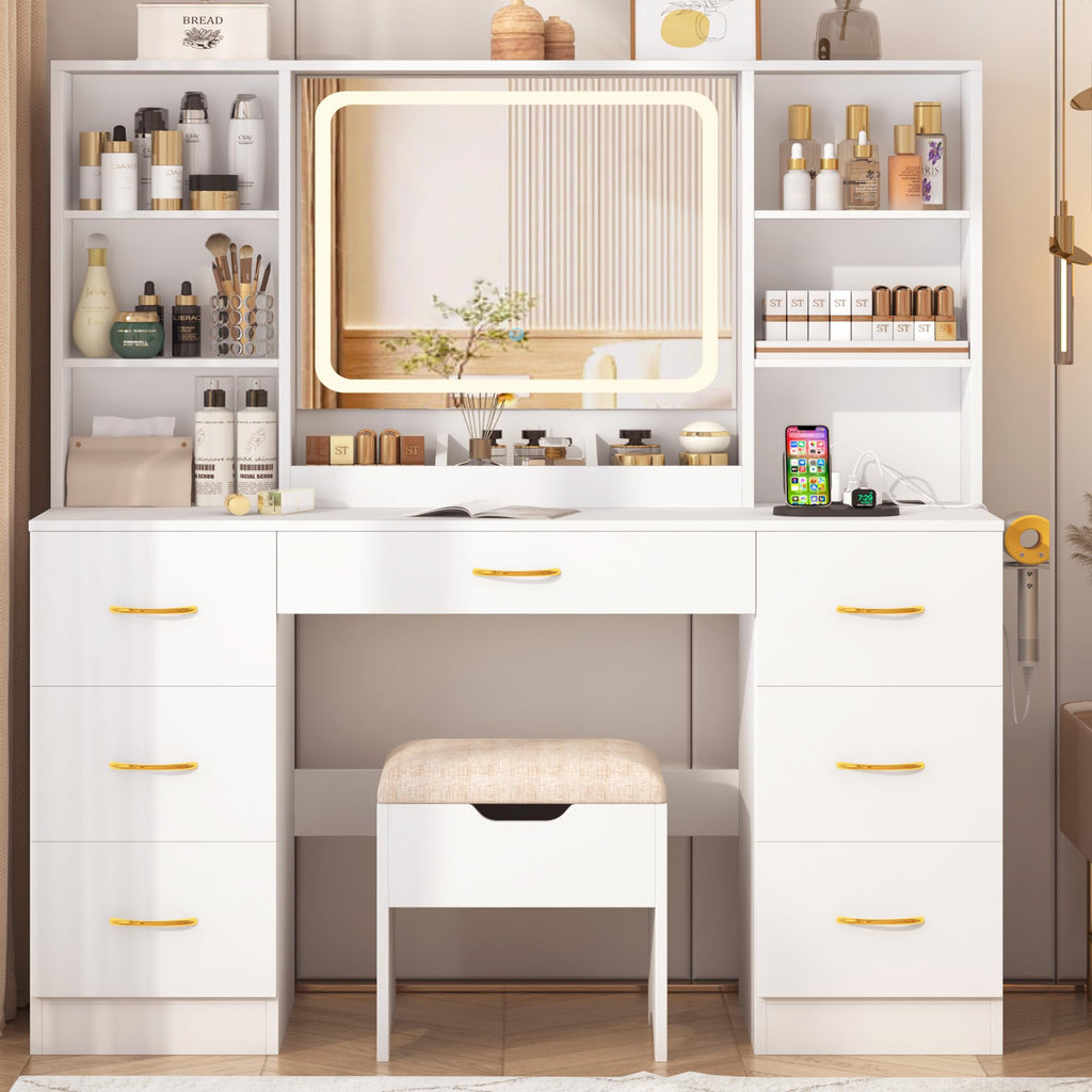 White 47" Makeup Vanity Desk with LED Mirror, Stool & 7 Drawers B62934