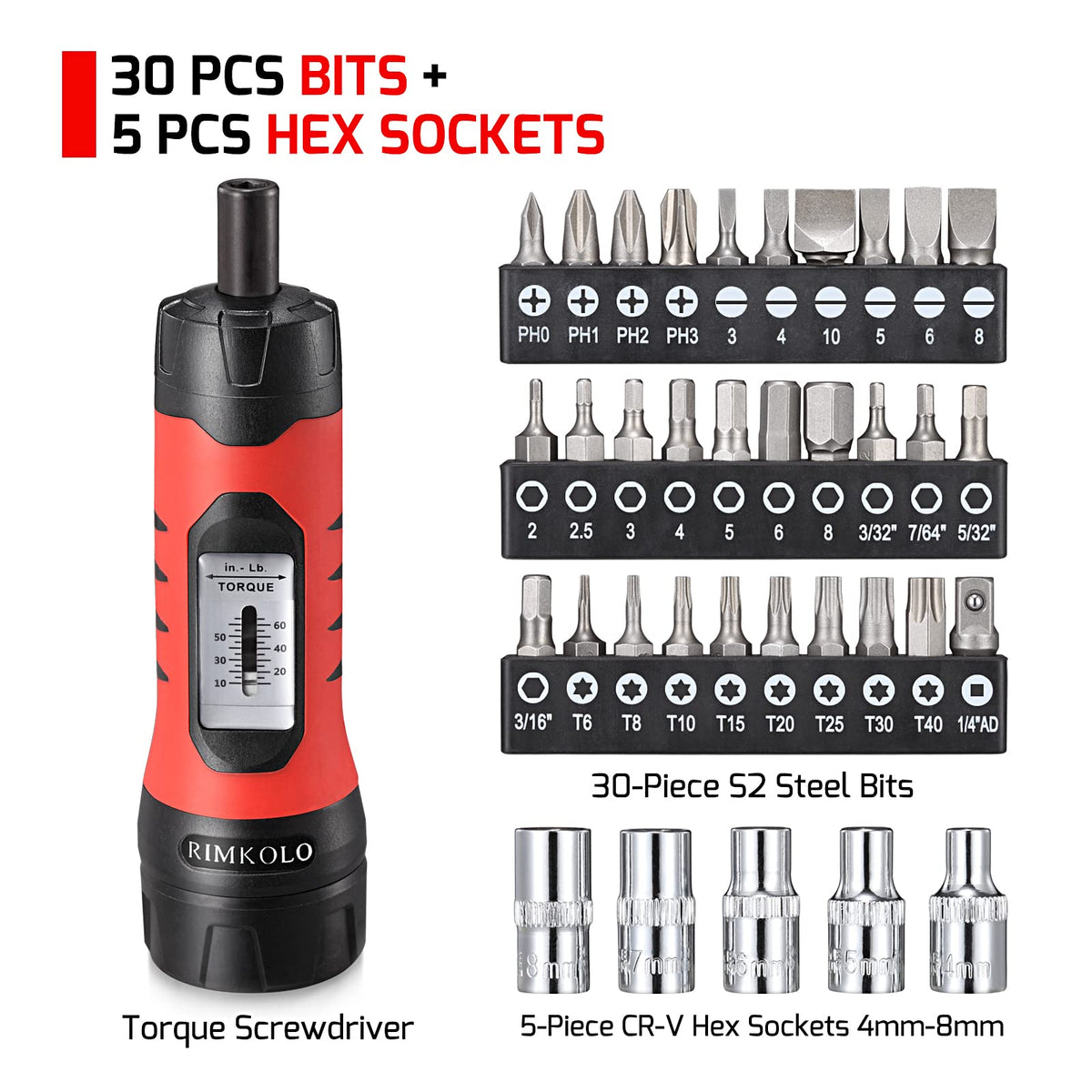 Torque Screwdriver Wrench Set with 29 S2 Alloy Bits & 5 Drive Sockets A405