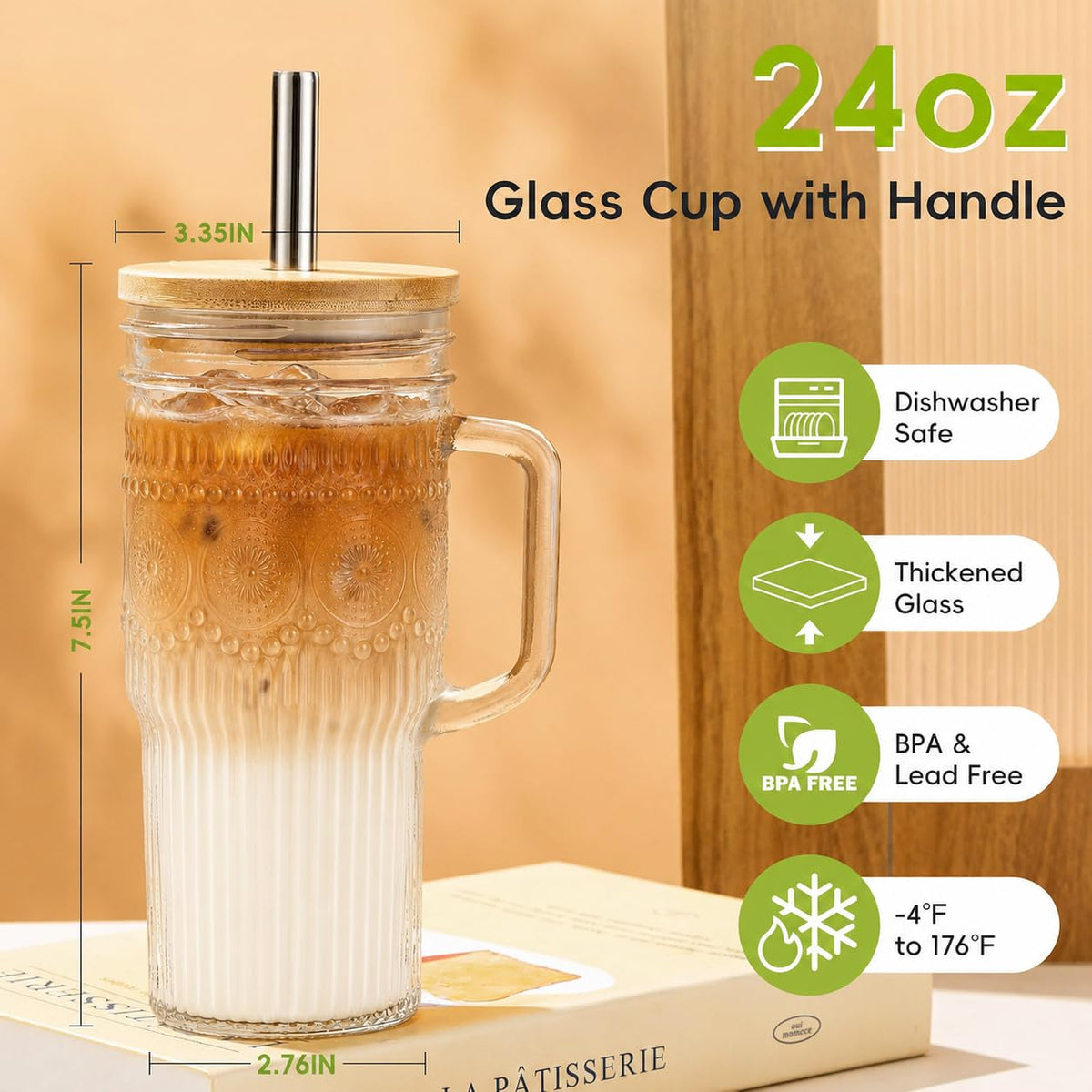24 oz Glass Tumbler with Bamboo Lid and Handle T907362