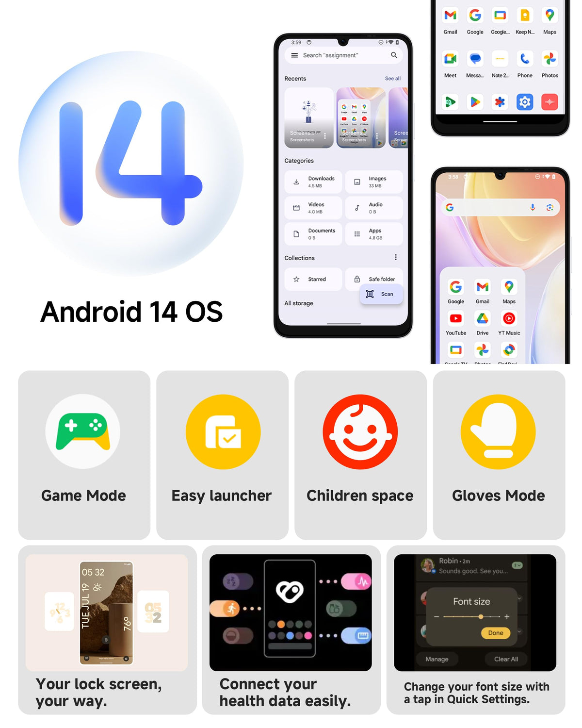 Unlocked Smartphone 8GB+128GB 6.75" 90Hz Android 14 50MP Camera 6000mAh White A790