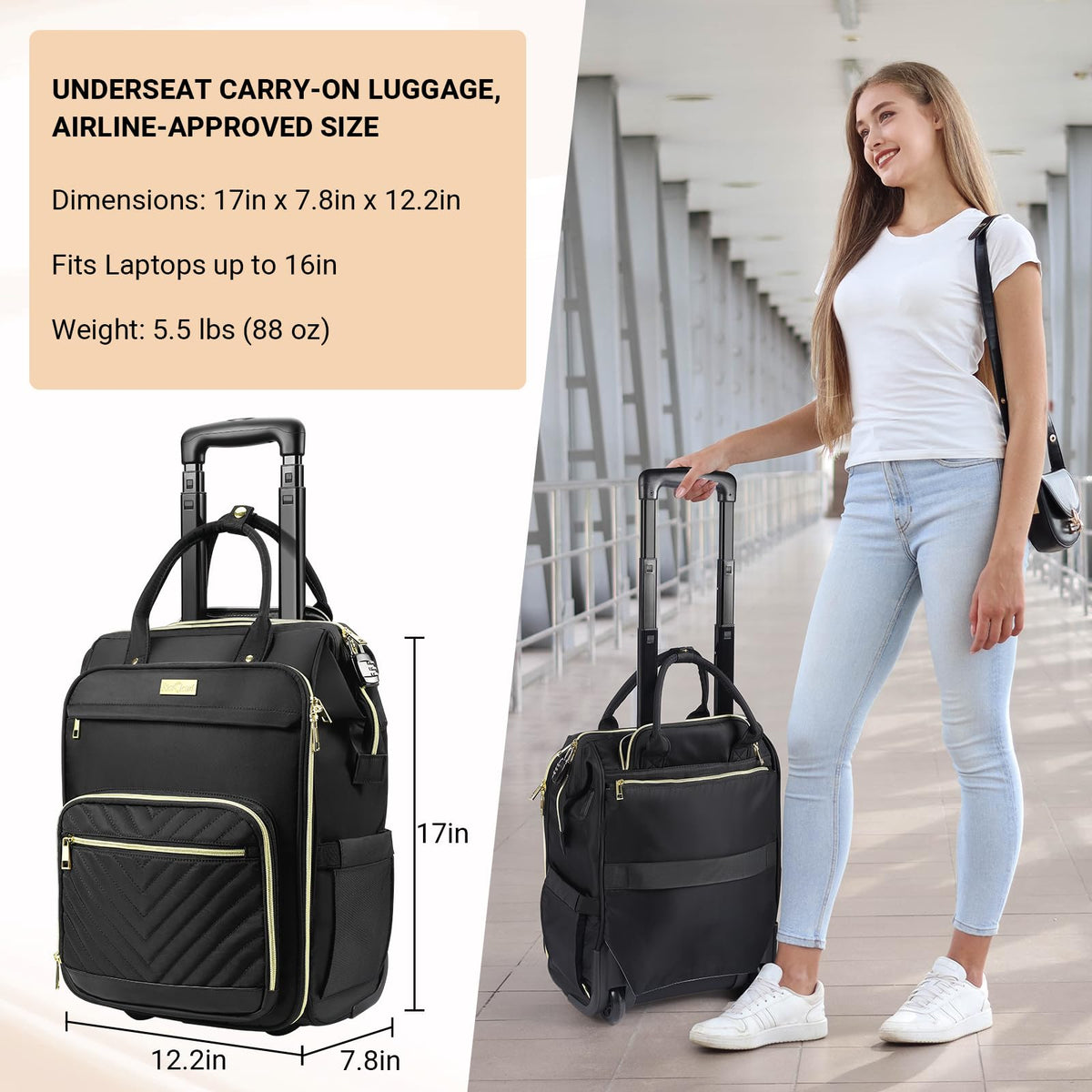 Rolling Backpack with Wheels, USB & Type-C Charging Port H8917