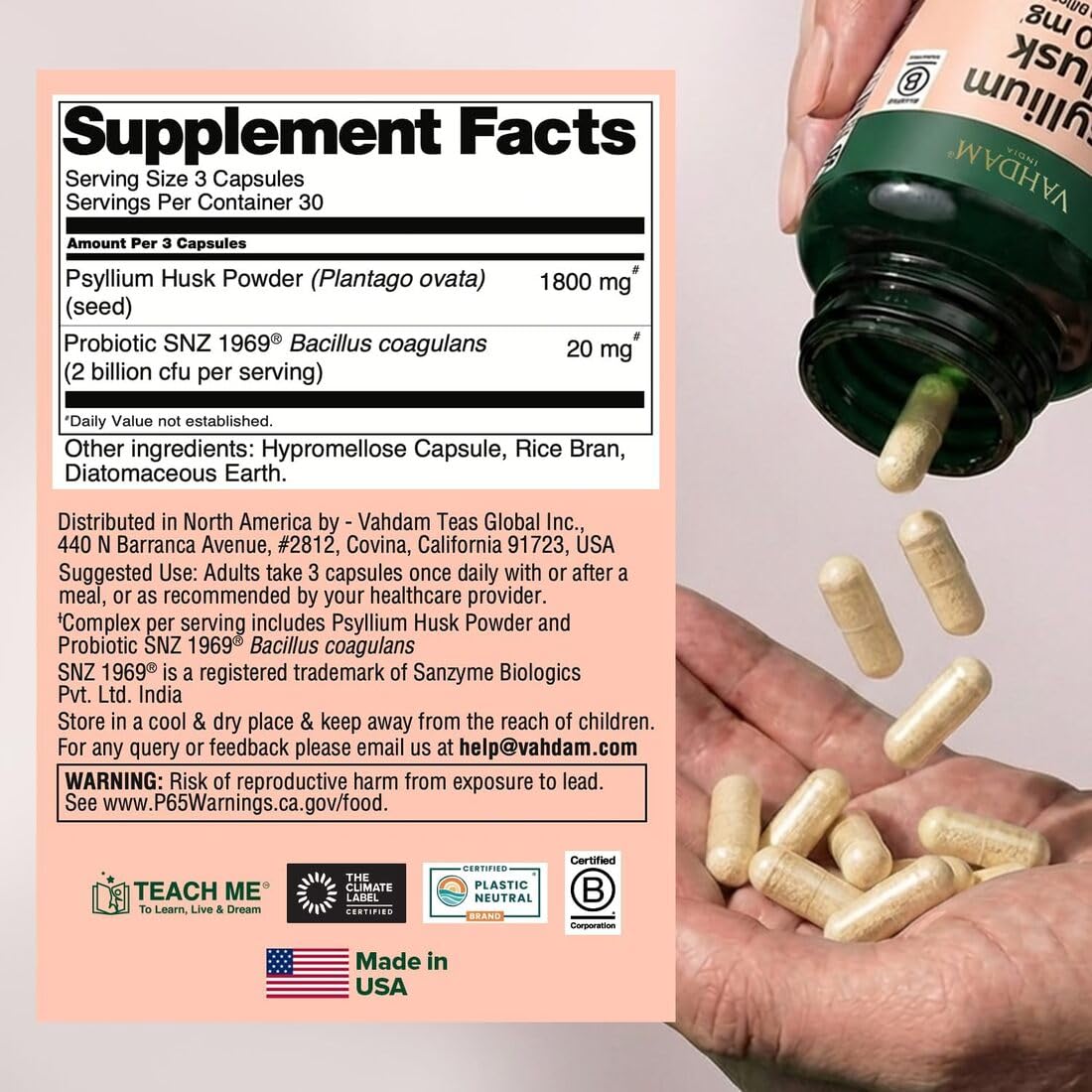 Psyllium Husk Capsules 1800 mg with Probiotics 90 Veggie Capsules Q52736