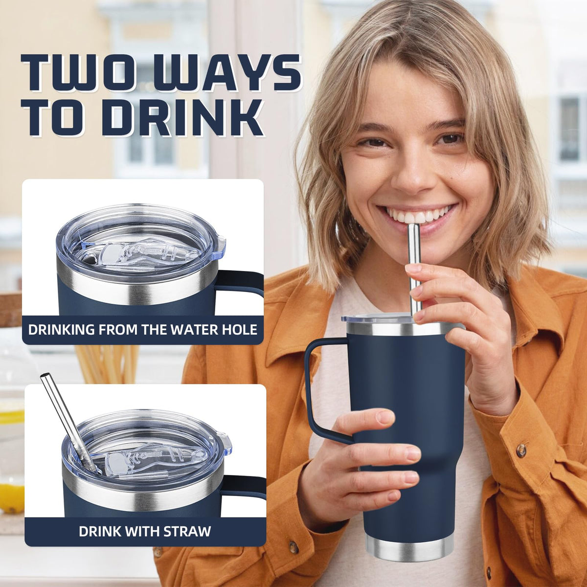 20 oz Stainless Steel Insulated Tumbler with Handle Lid and Straw A724467