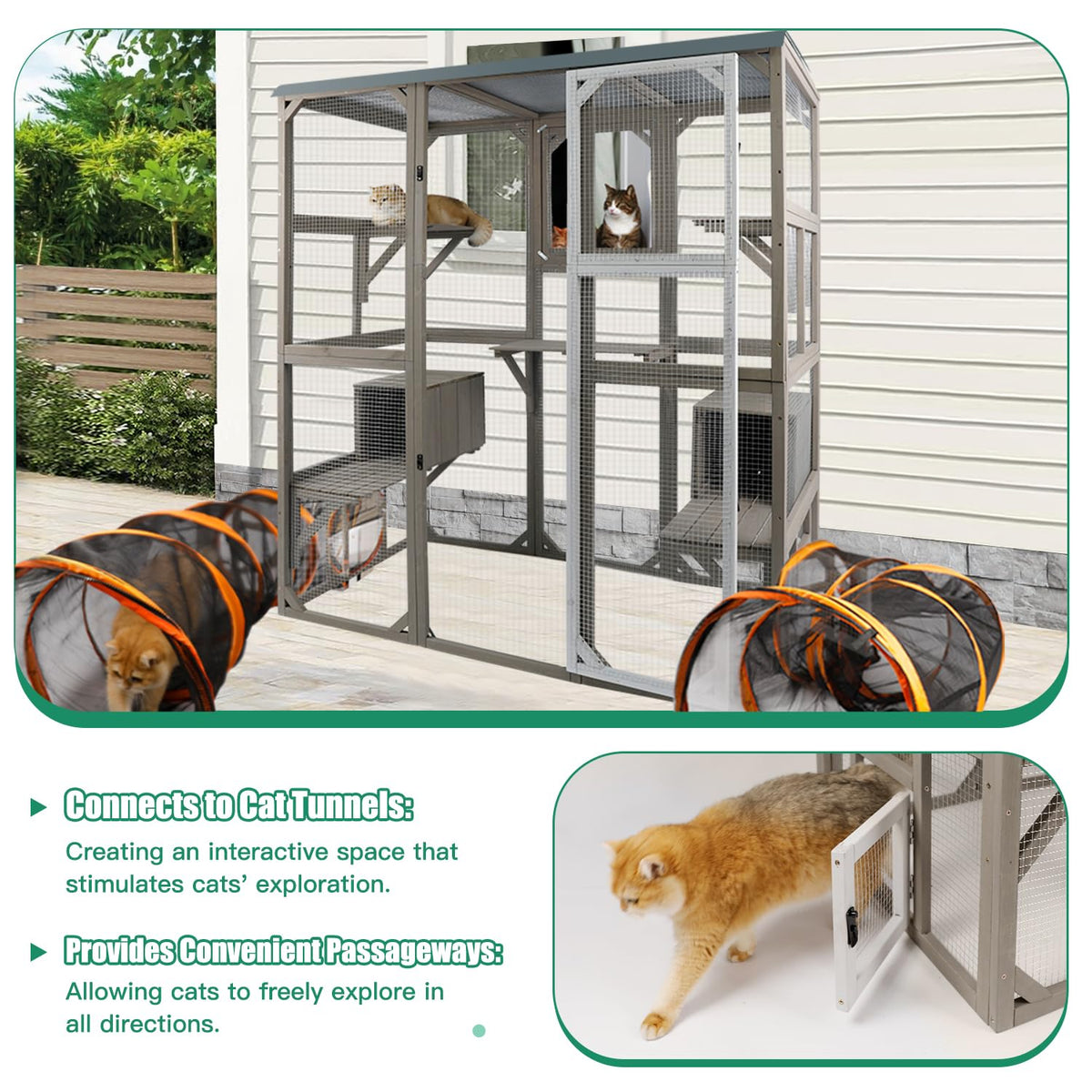 Large Wooden Outdoor Cat Catio Enclosure with 2 Doors, 2 Resting Rooms, 5 Platforms A33223