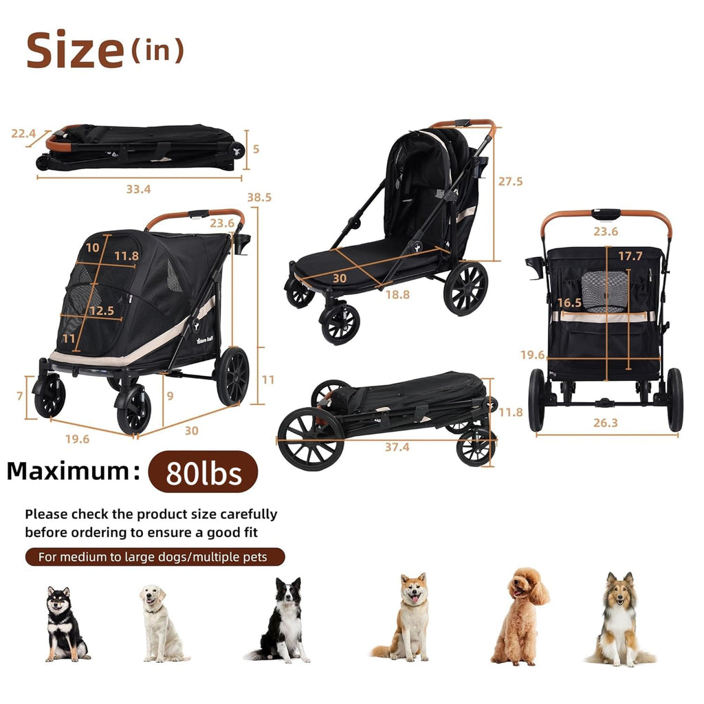 Black Large 4 Wheel Dog Stroller with Storage Pocket G390