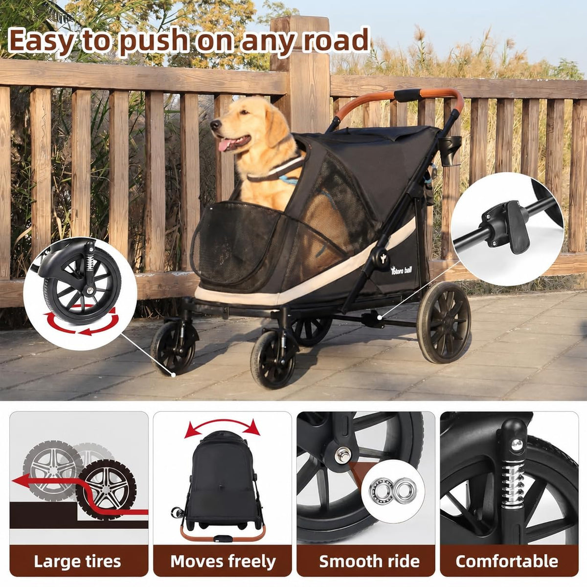 Black Large 4 Wheel Dog Stroller with Storage Pocket G390