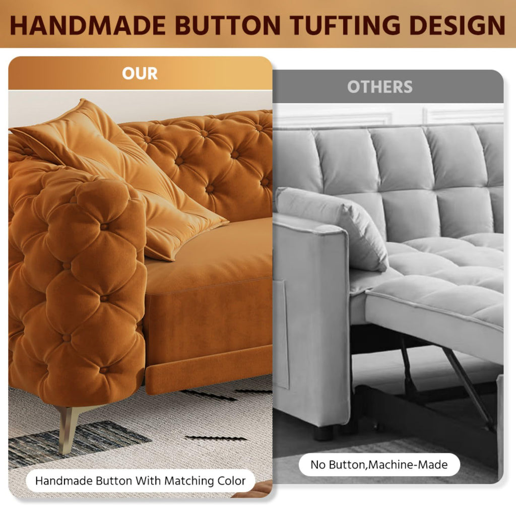 Orange Convertible Pull Out Sofa Bed Velvet Sleeper Sofa H6054