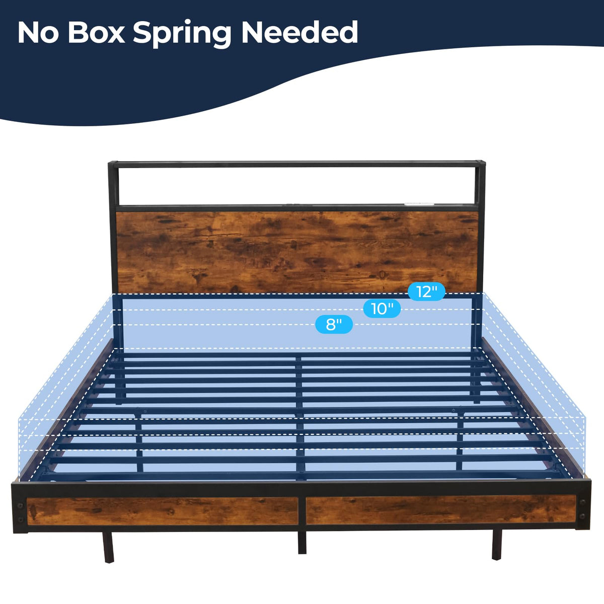 Queen Size Metal Platform Bed Frame with Storage Headboard Q578