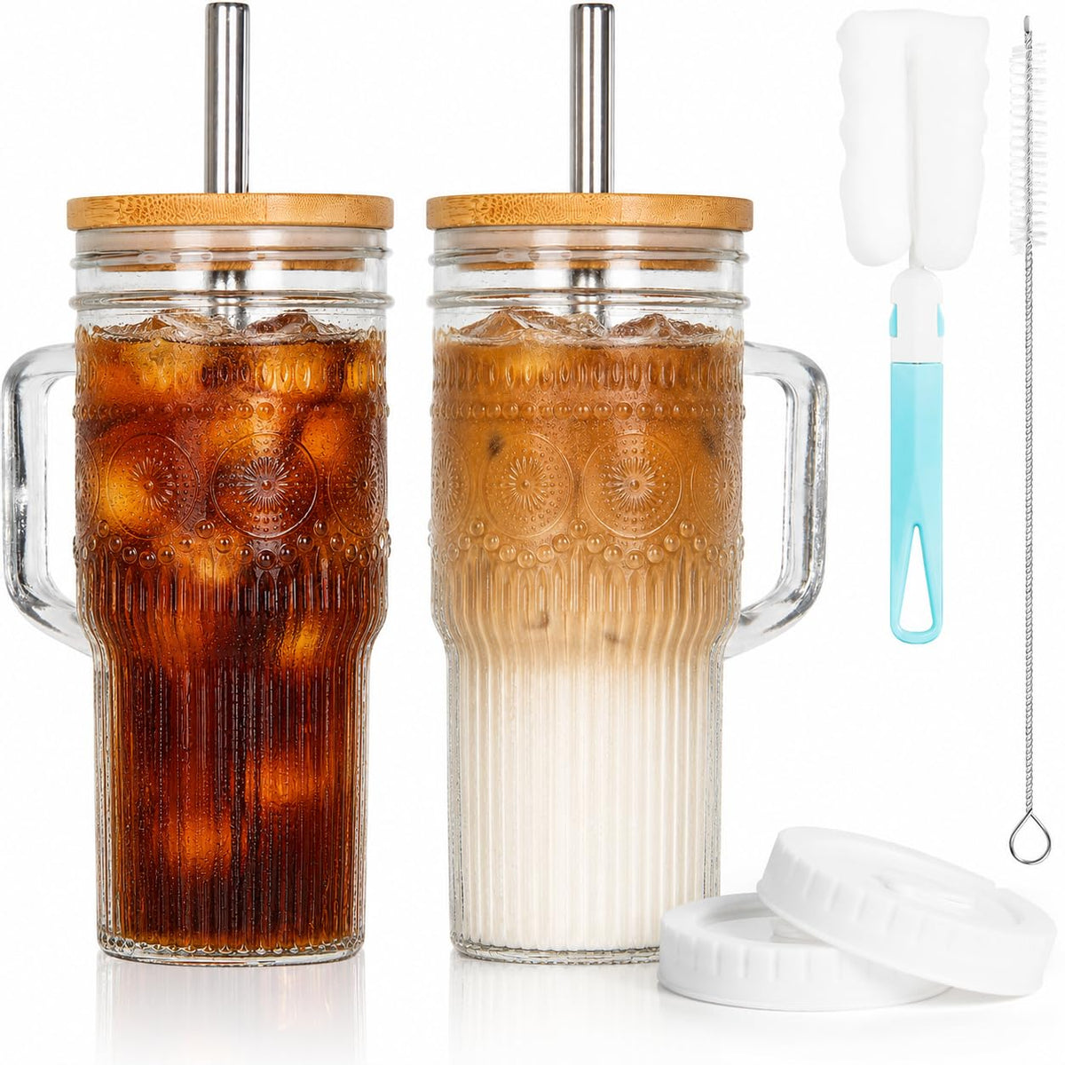 24 oz Glass Tumbler with Bamboo Lid and Handle T907362