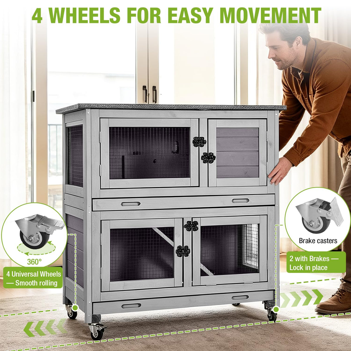 2-Story Wooden Rabbit Hutch with 4 Wheels and 2 Pull-Out Trays H324