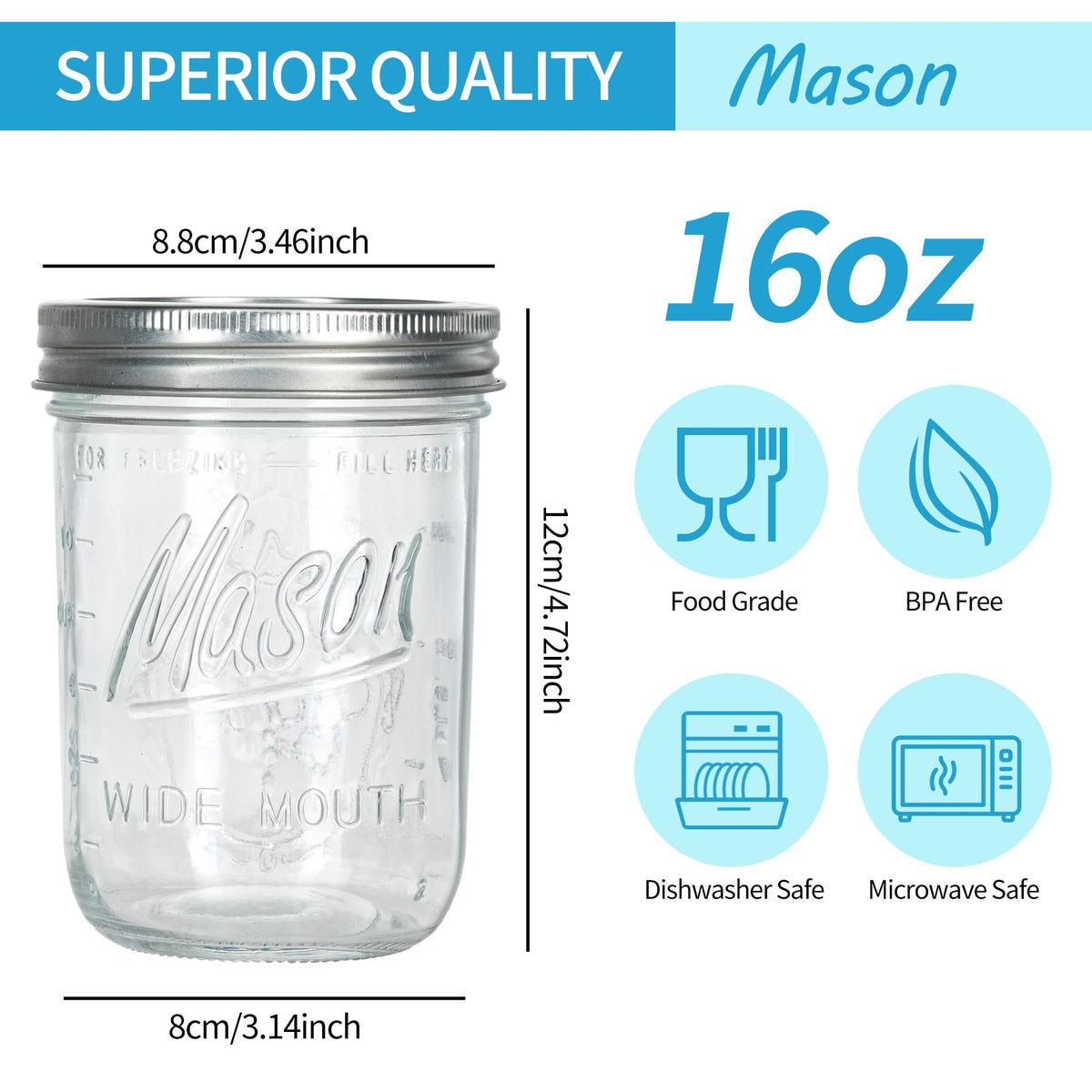16 oz Wide Mouth Glass Mason Jars with Lids 8 Pack A9330
