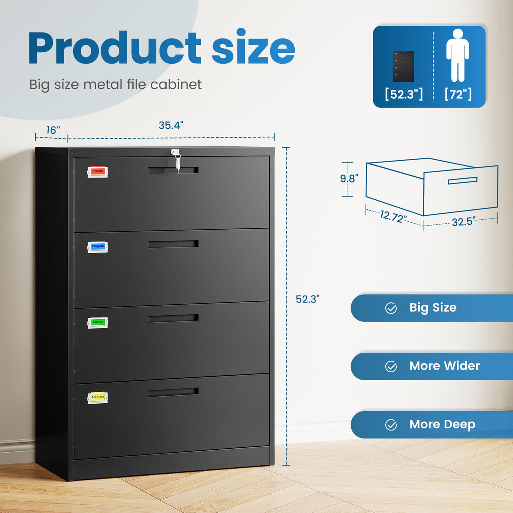4 Drawer File Cabinet with Lock, Black O7055