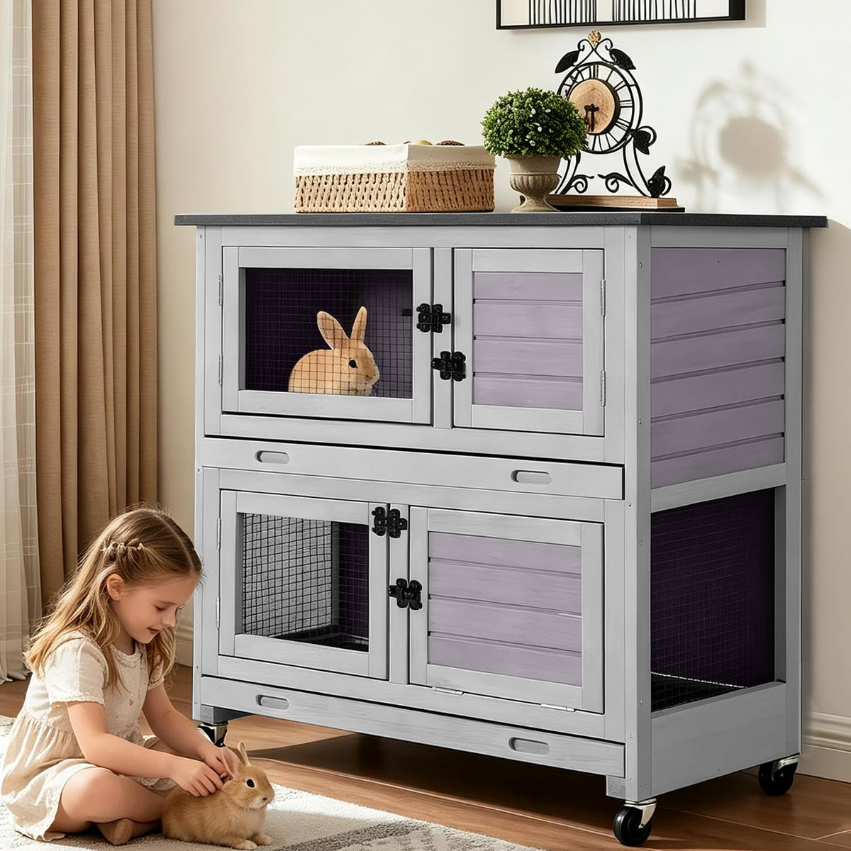2-Story Wooden Rabbit Hutch with 4 Wheels and 2 Pull-Out Trays H324