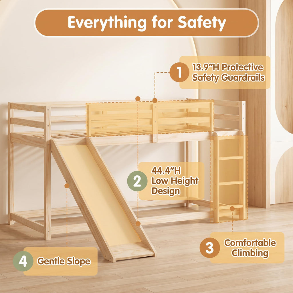 Twin Over Twin Solid Wood Bunk Bed with Slide and Ladder K2250