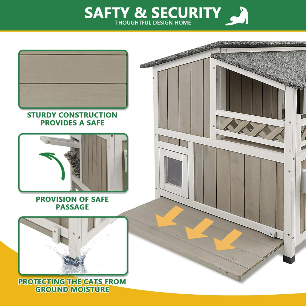 Weatherproof 2-Story Outdoor Cat House with Balcony T661641
