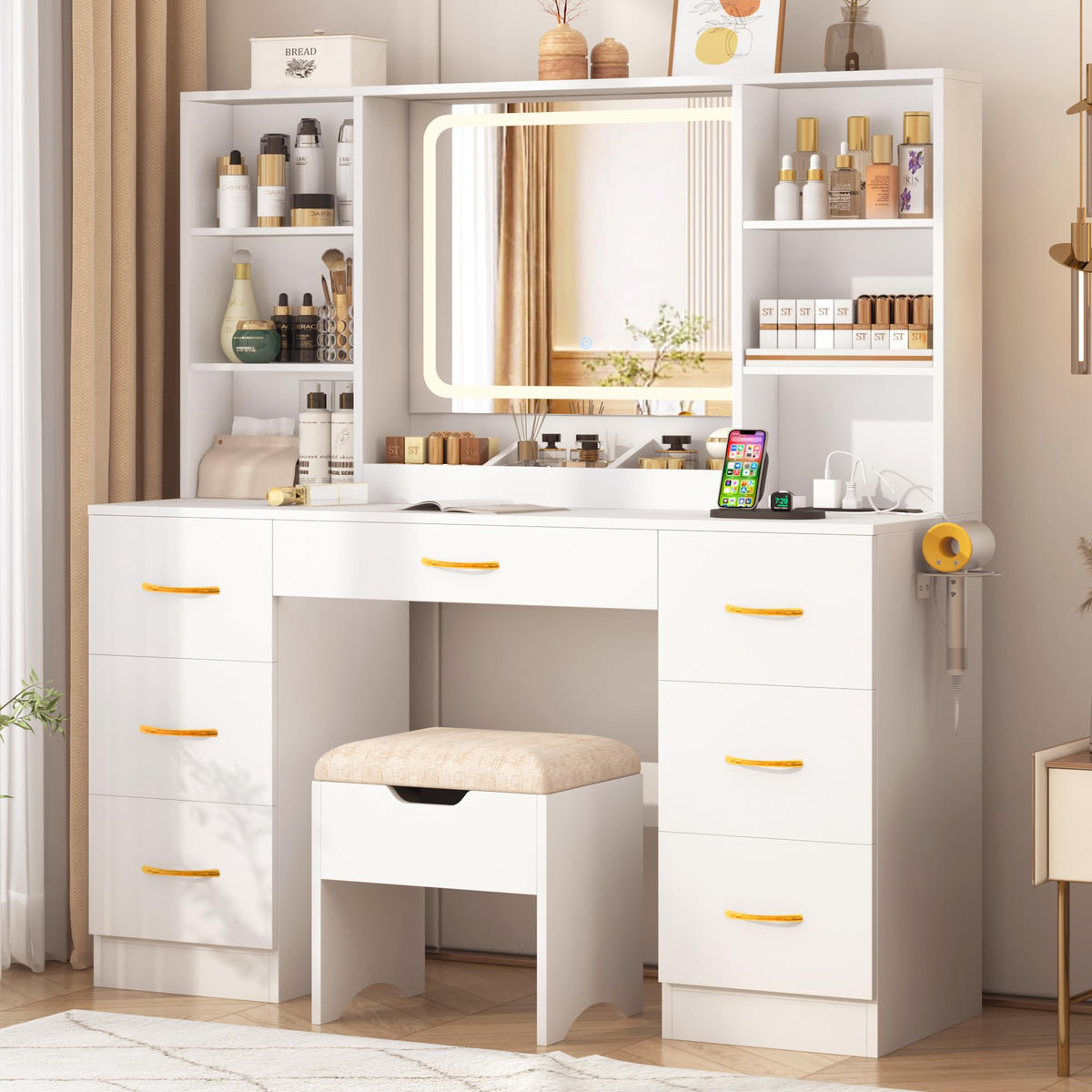 White 47" Makeup Vanity Desk with LED Mirror, Stool & 7 Drawers B62934