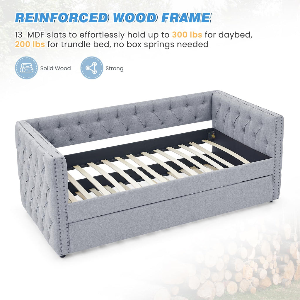Linen Upholstered Twin Size Daybed with Trundle I321