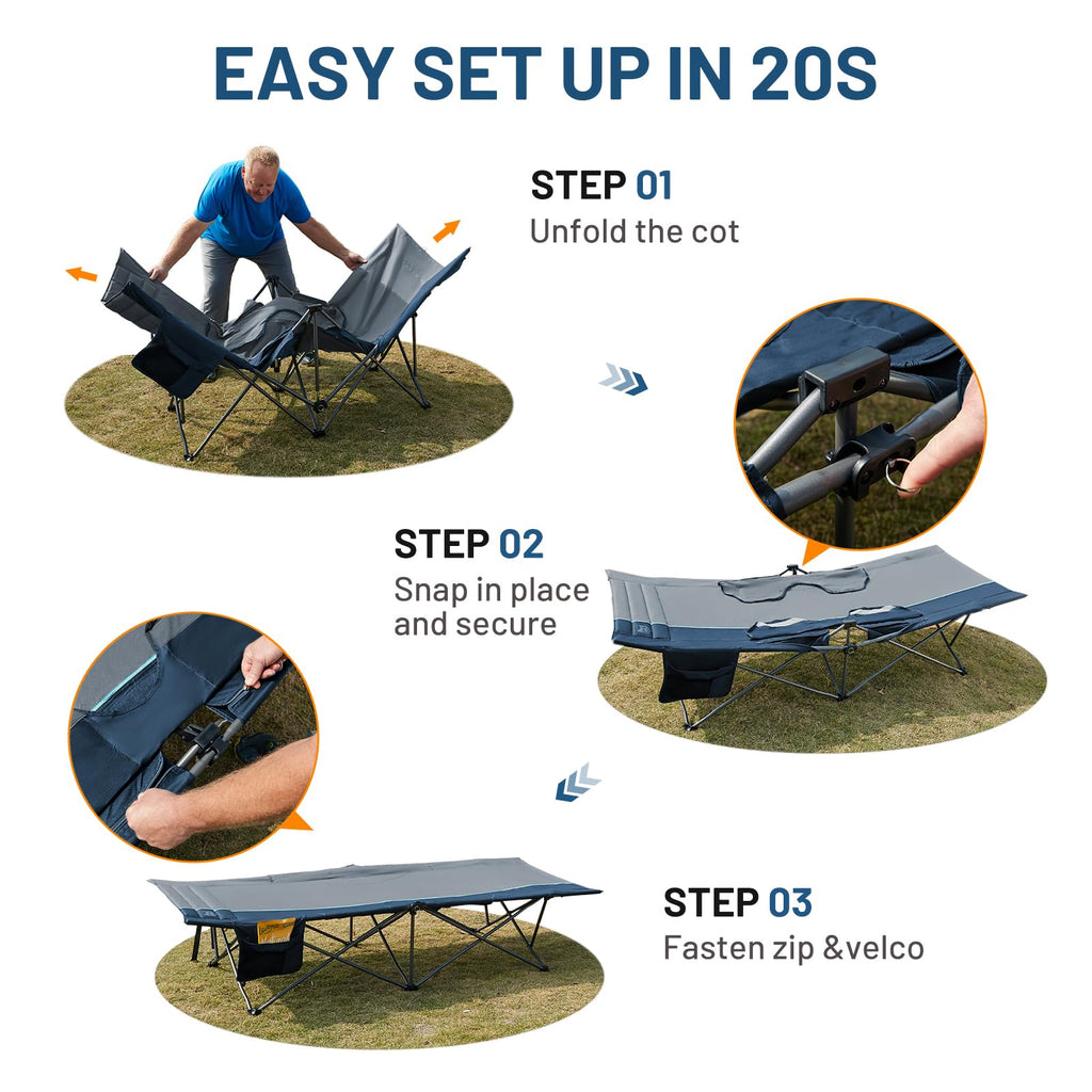 31.8" Extra Wide Heavy Duty Camping Cot with Carry Bag, Blue, 2 Pack V684