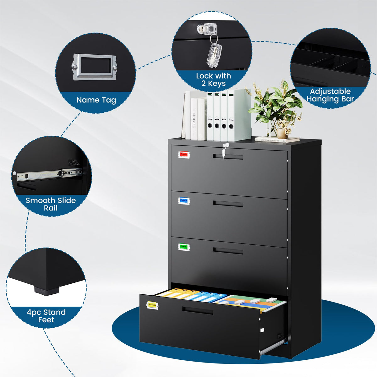 4 Drawer File Cabinet with Lock, Black O7055