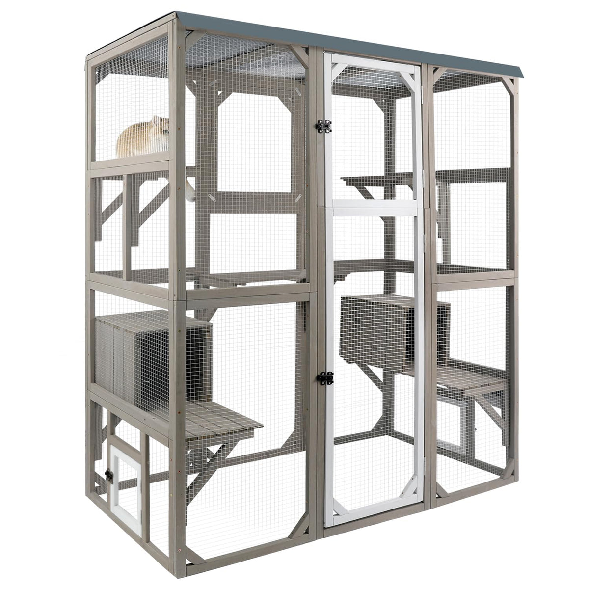 Large Wooden Outdoor Cat Catio Enclosure with 2 Doors, 2 Resting Rooms, 5 Platforms A33223