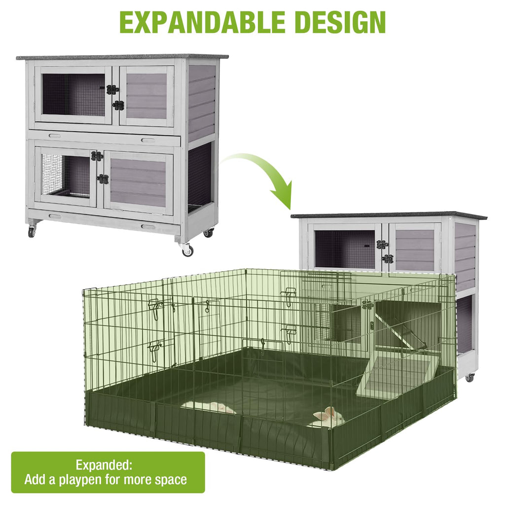 2-Story Wooden Rabbit Hutch with 4 Wheels and 2 Pull-Out Trays H324