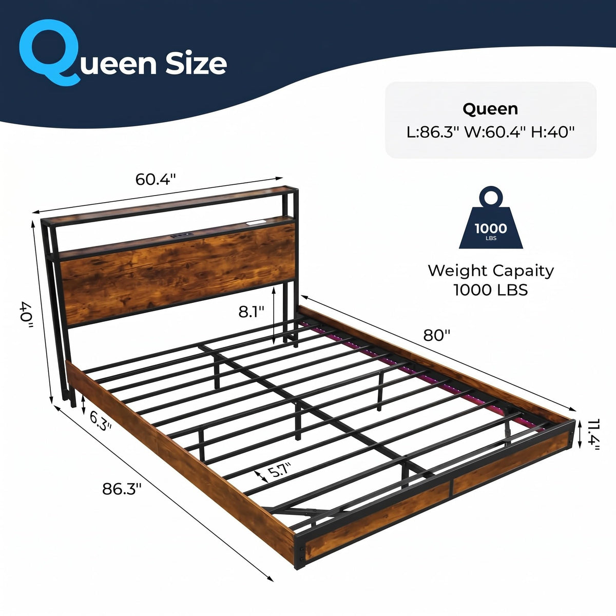 Queen Size Metal Platform Bed Frame with Storage Headboard Q578