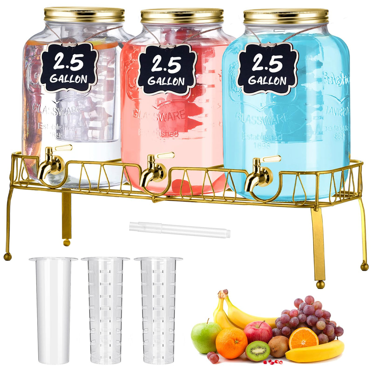 3 Pcs 2.5 Gallon Glass Beverage Dispensers with Stand A938