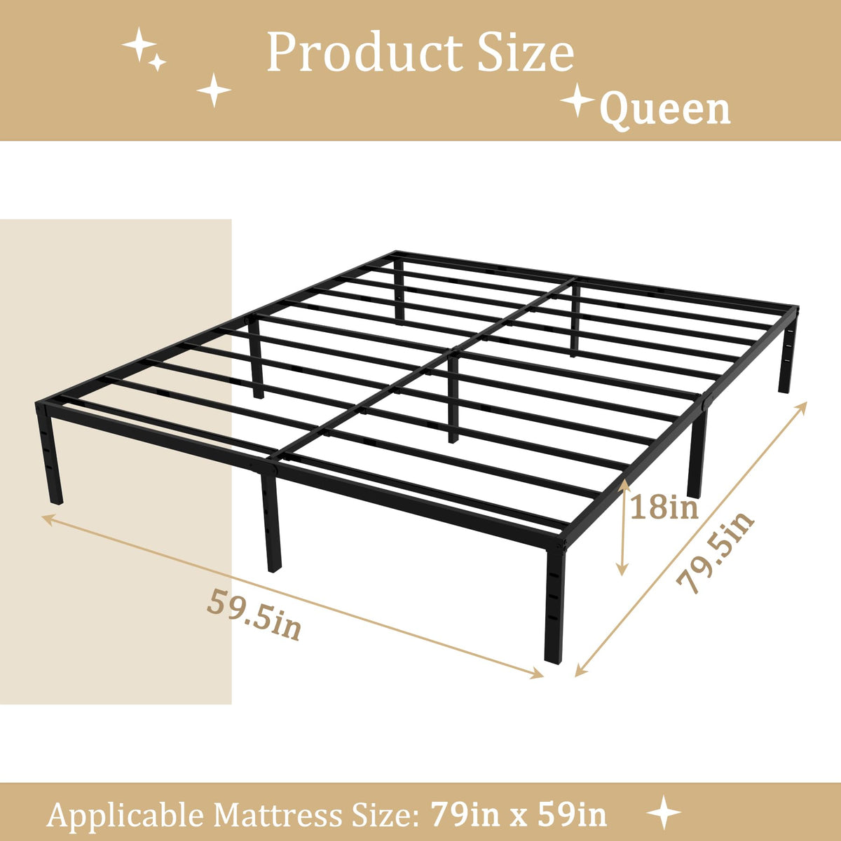 Queen 18 Inch Metal Platform Bed Frame, Black K82984