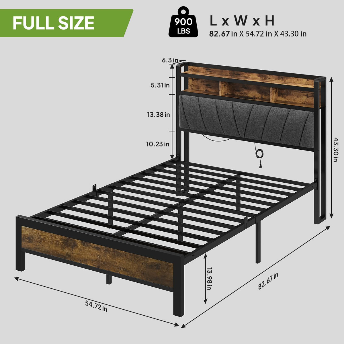 Full Bed Frame with LED Lights and Charging Station M554
