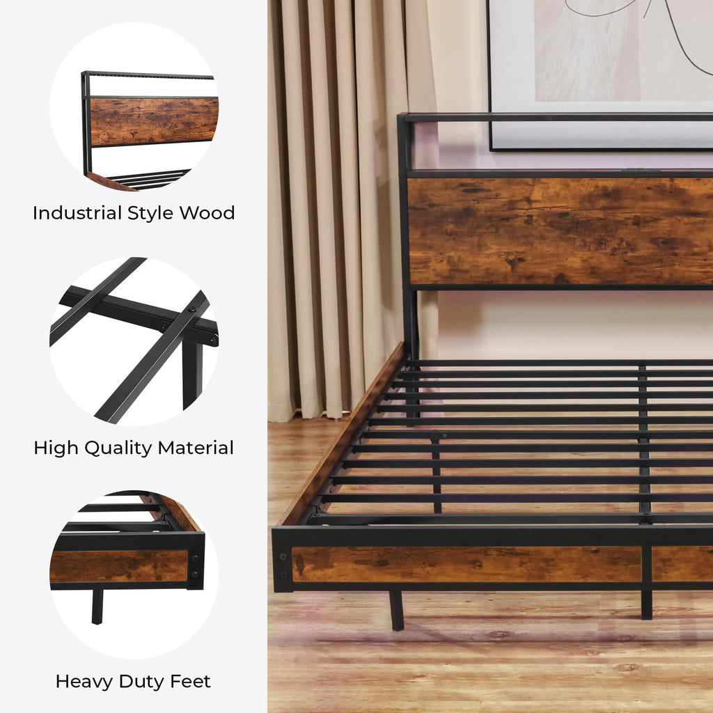 Queen Size Metal Platform Bed Frame with Storage Headboard Q578